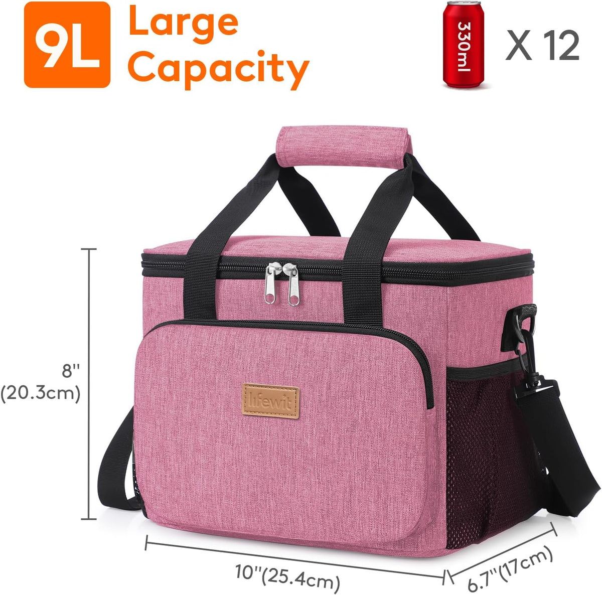 Medium Lunch Bag, Insulated Lunch Box, Soft Cooler Cooling Tote for Adult Men Women, Black 12-Can (9L)
