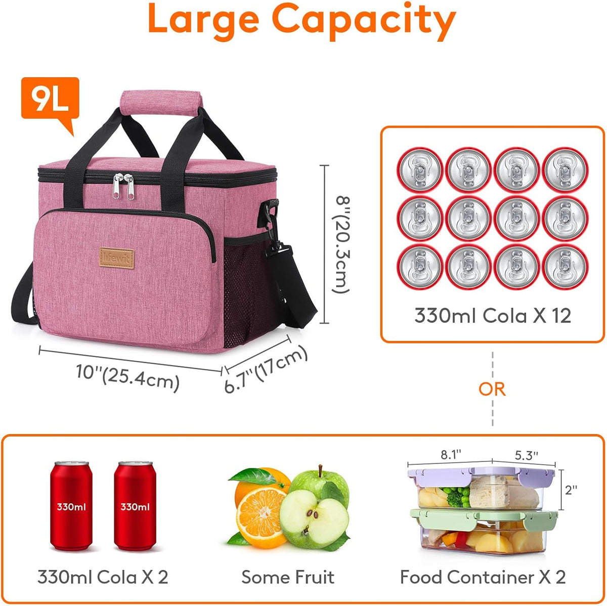 Medium Lunch Bag, Insulated Lunch Box, Soft Cooler Cooling Tote for Adult Men Women, Black 12-Can (9L)