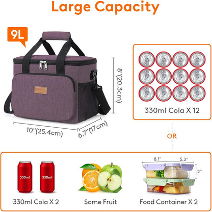Medium Lunch Bag, Insulated Lunch Box, Soft Cooler Cooling Tote for Adult Men Women, Black 12-Can (9L)