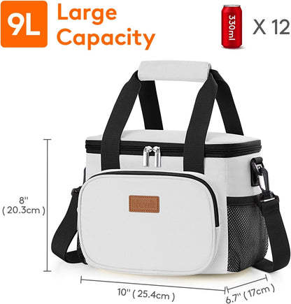 Medium Lunch Bag, Insulated Lunch Box, Soft Cooler Cooling Tote for Adult Men Women, Black 12-Can (9L)
