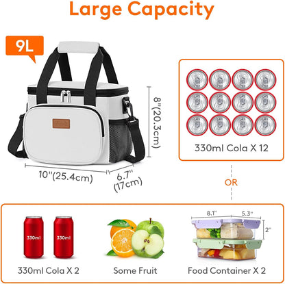 Medium Lunch Bag, Insulated Lunch Box, Soft Cooler Cooling Tote for Adult Men Women, Black 12-Can (9L)