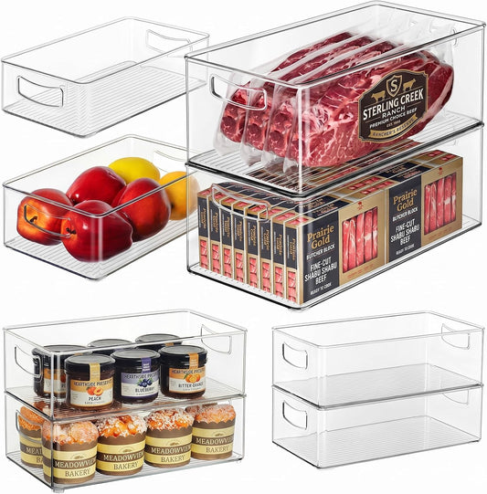 8 Pack Freezer Organizer Bins,Stackable,Clear Bins for Fridge,Pantry | Straight Side, 3 Sizes, 2 XL Storage Container, 3 Large Cabinet Organizer, 3 Medium Storage Drawer