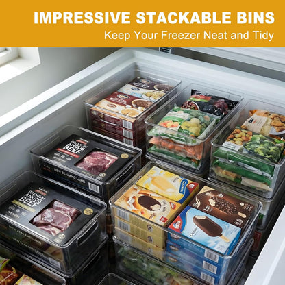 8 Pack Freezer Organizer Bins,Stackable,Clear Bins for Fridge,Pantry | Straight Side, 3 Sizes, 2 XL Storage Container, 3 Large Cabinet Organizer, 3 Medium Storage Drawer