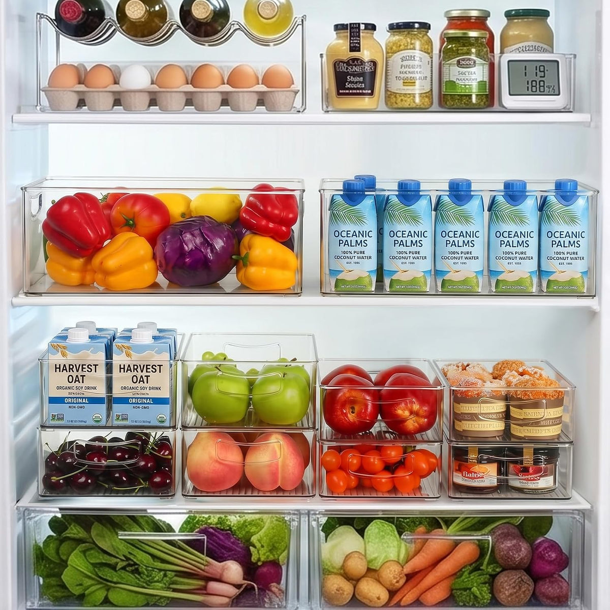 8 Pack Freezer Organizer Bins,Stackable,Clear Bins for Fridge,Pantry | Straight Side, 3 Sizes, 2 XL Storage Container, 3 Large Cabinet Organizer, 3 Medium Storage Drawer