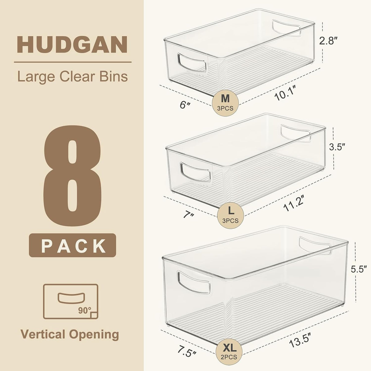 8 Pack Freezer Organizer Bins,Stackable,Clear Bins for Fridge,Pantry | Straight Side, 3 Sizes, 2 XL Storage Container, 3 Large Cabinet Organizer, 3 Medium Storage Drawer