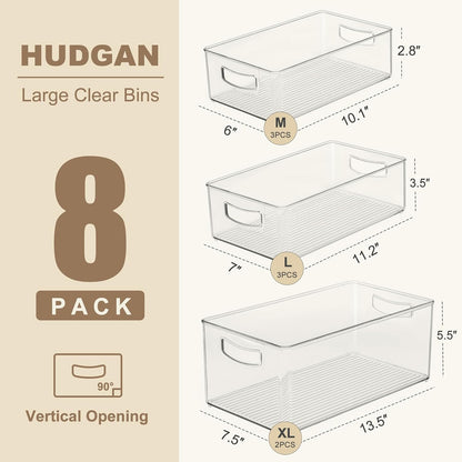 8 Pack Freezer Organizer Bins,Stackable,Clear Bins for Fridge,Pantry | Straight Side, 3 Sizes, 2 XL Storage Container, 3 Large Cabinet Organizer, 3 Medium Storage Drawer