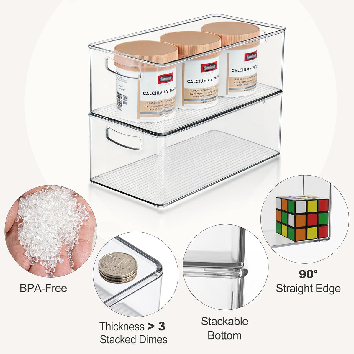 8 Pack Freezer Organizer Bins,Stackable,Clear Bins for Fridge,Pantry | Straight Side, 3 Sizes, 2 XL Storage Container, 3 Large Cabinet Organizer, 3 Medium Storage Drawer