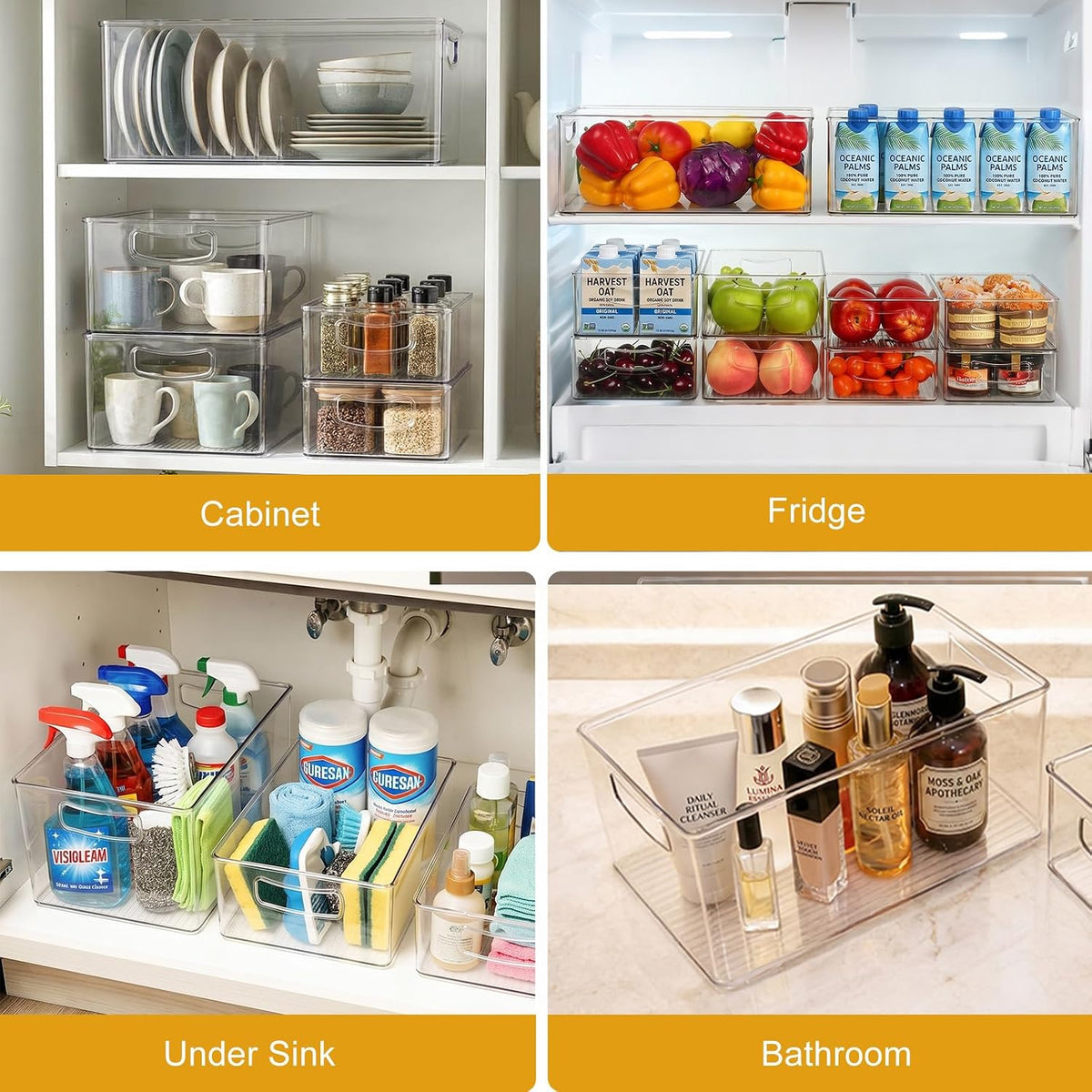 8 Pack Freezer Organizer Bins,Stackable,Clear Bins for Fridge,Pantry | Straight Side, 3 Sizes, 2 XL Storage Container, 3 Large Cabinet Organizer, 3 Medium Storage Drawer