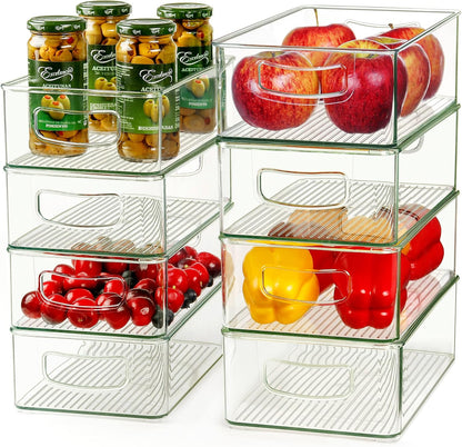 8 Pack Freezer Organizer Bins,Stackable,Clear Bins for Fridge,Pantry | Straight Side, 3 Sizes, 2 XL Storage Container, 3 Large Cabinet Organizer, 3 Medium Storage Drawer