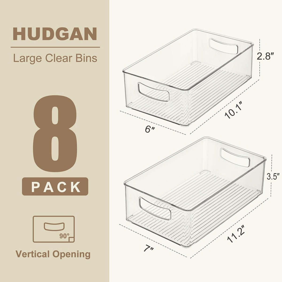 8 Pack Freezer Organizer Bins,Stackable,Clear Bins for Fridge,Pantry | Straight Side, 3 Sizes, 2 XL Storage Container, 3 Large Cabinet Organizer, 3 Medium Storage Drawer