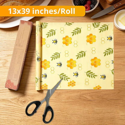 Reusable Beeswax Food Wrap Roll, 13x39 Inches Cut-to-Size Beeswax Paper for Bread, Sustainable Eco Friendly Cotton Food Storage Wraps for Cheese, Fruit, Veggies, Washable Plastic Free