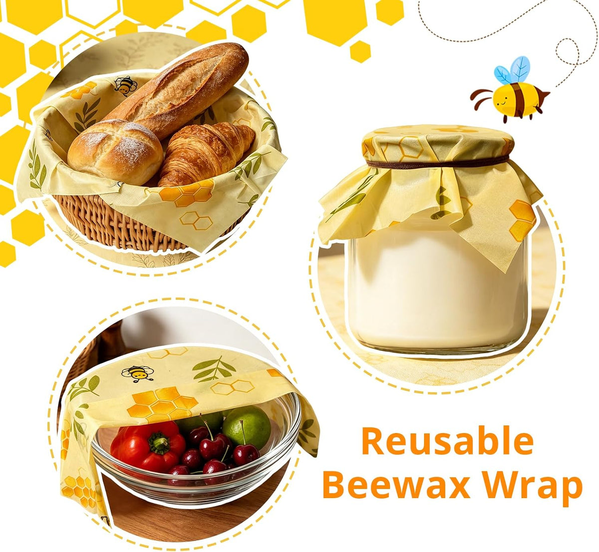 Reusable Beeswax Food Wrap Roll, 13x39 Inches Cut-to-Size Beeswax Paper for Bread, Sustainable Eco Friendly Cotton Food Storage Wraps for Cheese, Fruit, Veggies, Washable Plastic Free