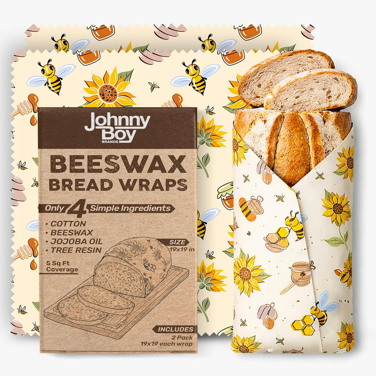 2 Pack - XL 19" x 19" - 5 Sq Ft - Beeswax Bread Wraps, Total 5 Sq Ft Coverage, Eco-Friendly Alternative to Plastic Wrap for Bread Storage, Bowls & Food Storage (Classic)