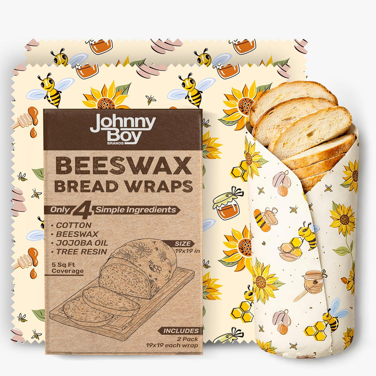 2 Pack - XL 19" x 19" - 5 Sq Ft - Beeswax Bread Wraps, Total 5 Sq Ft Coverage, Eco-Friendly Alternative to Plastic Wrap for Bread Storage, Bowls & Food Storage (Classic)