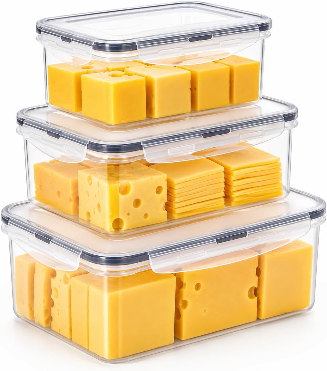 3 Pack Cheese Container for Refrigerator,Cream Cheese Slice Block Holder Airtight Lid,BPA-Free Lunch Meat Storage Container for Fridge,Dishwasher Safe,Shredded,Grated,Cheddar Cheeses Box