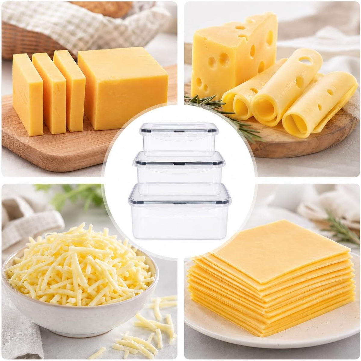 3 Pack Cheese Container for Refrigerator,Cream Cheese Slice Block Holder Airtight Lid,BPA-Free Lunch Meat Storage Container for Fridge,Dishwasher Safe,Shredded,Grated,Cheddar Cheeses Box
