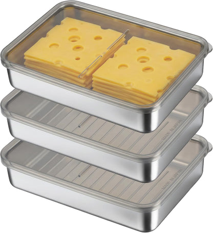 3 Pcs Ham and Cheese Container for Fridge, Airtight Stainless Steel Cheese Keeper for Refrigerator, Food Storage Container for Deli Meat, Sliced Cheeses & Bacon, with Lid (Kitchen & Pantry)