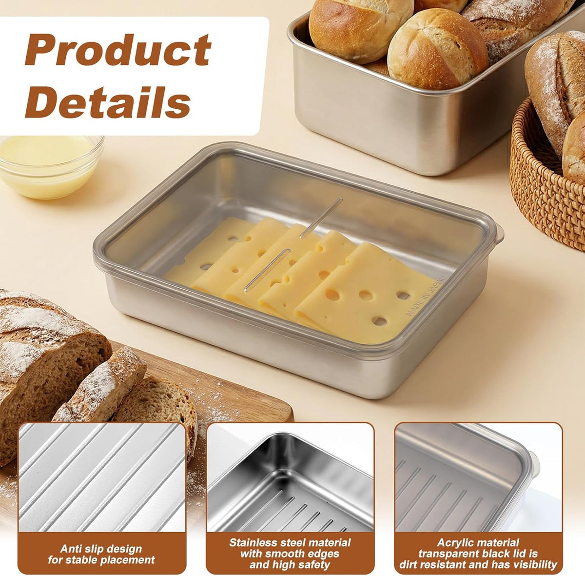 3 Pcs Ham and Cheese Container for Fridge, Airtight Stainless Steel Cheese Keeper for Refrigerator, Food Storage Container for Deli Meat, Sliced Cheeses & Bacon, with Lid (Kitchen & Pantry)