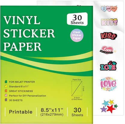 30 Sheets Printable Clear Sticker Paper for Inkjet Printer, Premium Vinyl Transparent Sticker Paper Waterproof, Dries Quickly, Vivid Colors, 8.5x11" Labels Great for Cutting Machines
