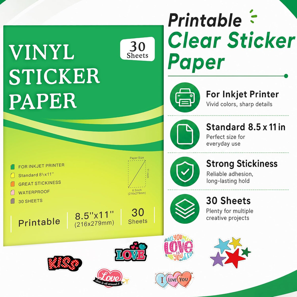 30 Sheets Printable Clear Sticker Paper for Inkjet Printer, Premium Vinyl Transparent Sticker Paper Waterproof, Dries Quickly, Vivid Colors, 8.5x11" Labels Great for Cutting Machines