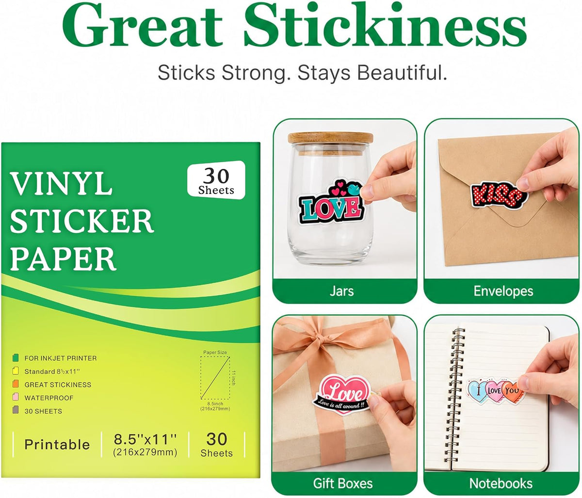 30 Sheets Printable Clear Sticker Paper for Inkjet Printer, Premium Vinyl Transparent Sticker Paper Waterproof, Dries Quickly, Vivid Colors, 8.5x11" Labels Great for Cutting Machines
