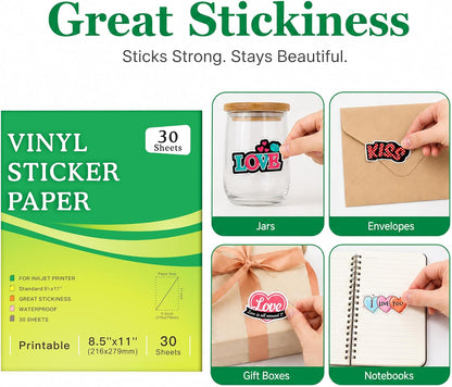 30 Sheets Printable Clear Sticker Paper for Inkjet Printer, Premium Vinyl Transparent Sticker Paper Waterproof, Dries Quickly, Vivid Colors, 8.5x11" Labels Great for Cutting Machines