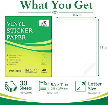30 Sheets Printable Clear Sticker Paper for Inkjet Printer, Premium Vinyl Transparent Sticker Paper Waterproof, Dries Quickly, Vivid Colors, 8.5x11" Labels Great for Cutting Machines