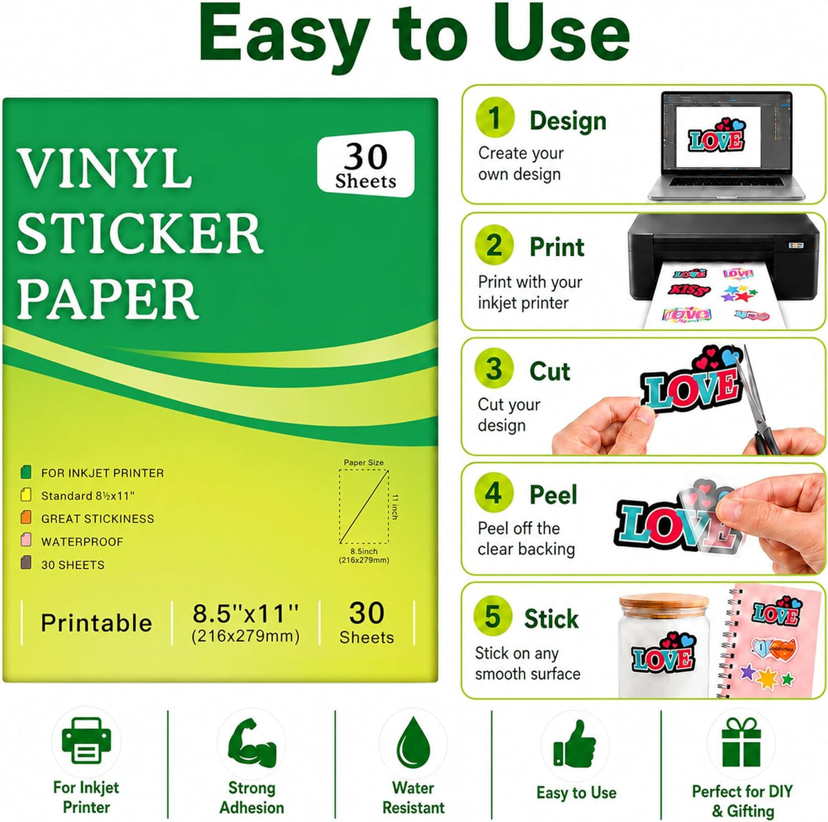 30 Sheets Printable Clear Sticker Paper for Inkjet Printer, Premium Vinyl Transparent Sticker Paper Waterproof, Dries Quickly, Vivid Colors, 8.5x11" Labels Great for Cutting Machines