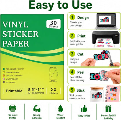 30 Sheets Printable Clear Sticker Paper for Inkjet Printer, Premium Vinyl Transparent Sticker Paper Waterproof, Dries Quickly, Vivid Colors, 8.5x11" Labels Great for Cutting Machines
