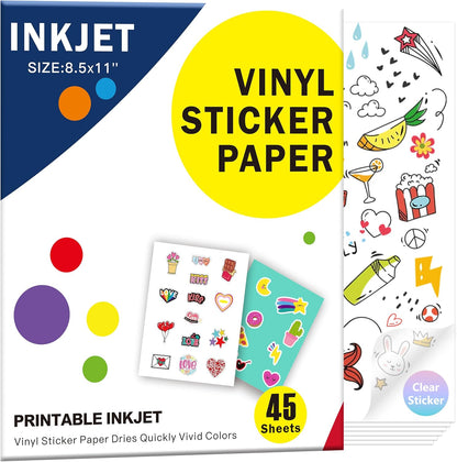 30 Sheets Printable Clear Sticker Paper for Inkjet Printer, Premium Vinyl Transparent Sticker Paper Waterproof, Dries Quickly, Vivid Colors, 8.5x11" Labels Great for Cutting Machines