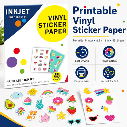 30 Sheets Printable Clear Sticker Paper for Inkjet Printer, Premium Vinyl Transparent Sticker Paper Waterproof, Dries Quickly, Vivid Colors, 8.5x11" Labels Great for Cutting Machines