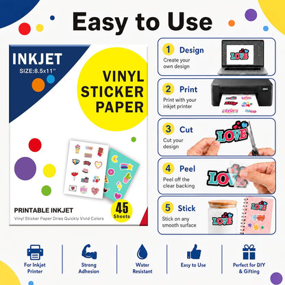 30 Sheets Printable Clear Sticker Paper for Inkjet Printer, Premium Vinyl Transparent Sticker Paper Waterproof, Dries Quickly, Vivid Colors, 8.5x11" Labels Great for Cutting Machines