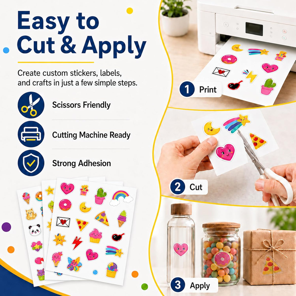 30 Sheets Printable Clear Sticker Paper for Inkjet Printer, Premium Vinyl Transparent Sticker Paper Waterproof, Dries Quickly, Vivid Colors, 8.5x11" Labels Great for Cutting Machines
