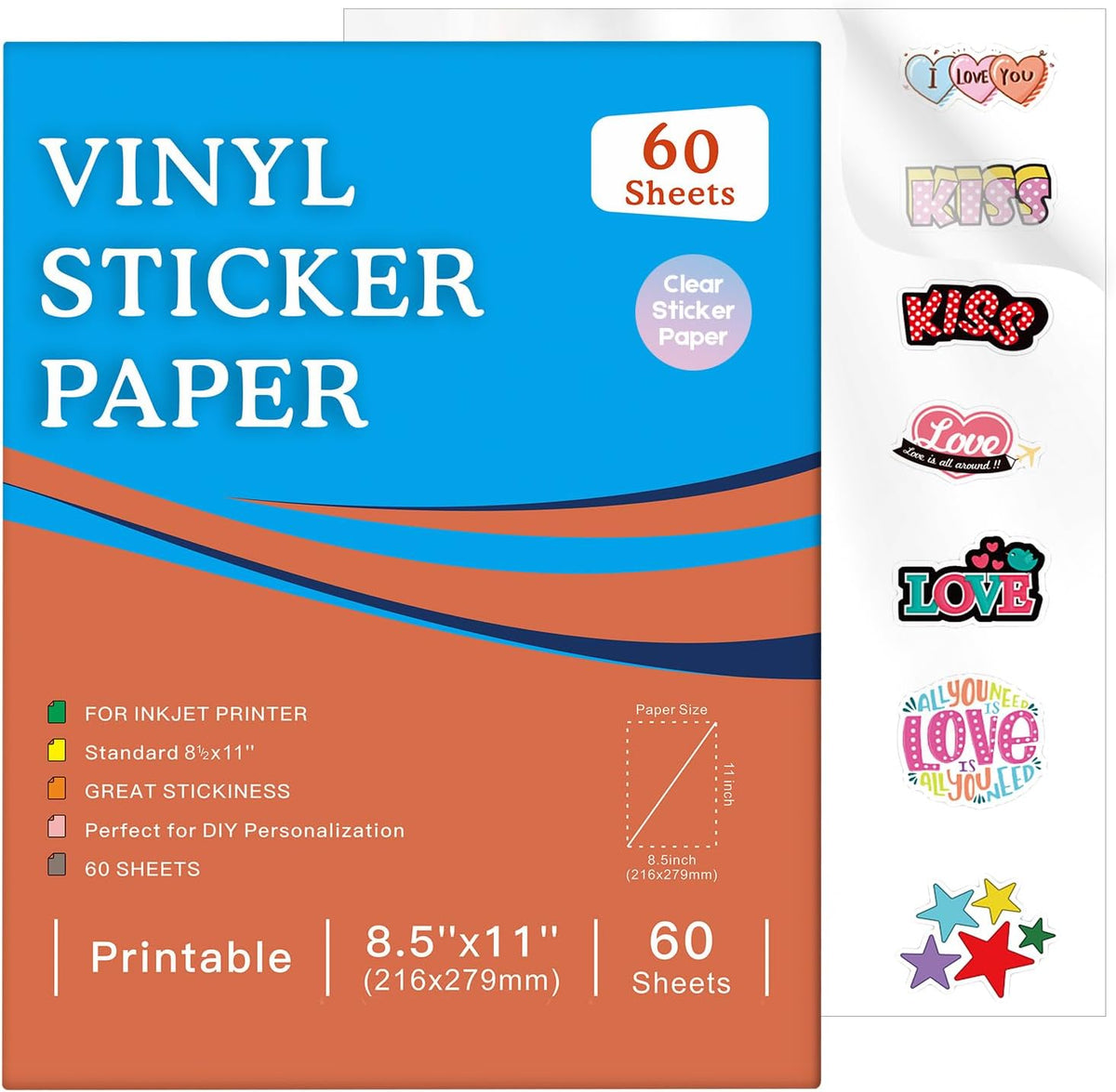 30 Sheets Printable Clear Sticker Paper for Inkjet Printer, Premium Vinyl Transparent Sticker Paper Waterproof, Dries Quickly, Vivid Colors, 8.5x11" Labels Great for Cutting Machines