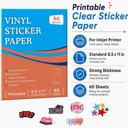 30 Sheets Printable Clear Sticker Paper for Inkjet Printer, Premium Vinyl Transparent Sticker Paper Waterproof, Dries Quickly, Vivid Colors, 8.5x11" Labels Great for Cutting Machines
