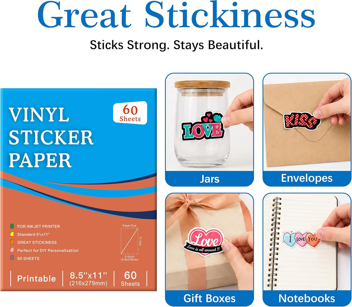 30 Sheets Printable Clear Sticker Paper for Inkjet Printer, Premium Vinyl Transparent Sticker Paper Waterproof, Dries Quickly, Vivid Colors, 8.5x11" Labels Great for Cutting Machines