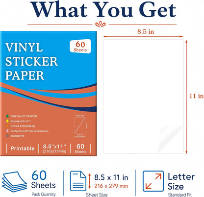 30 Sheets Printable Clear Sticker Paper for Inkjet Printer, Premium Vinyl Transparent Sticker Paper Waterproof, Dries Quickly, Vivid Colors, 8.5x11" Labels Great for Cutting Machines