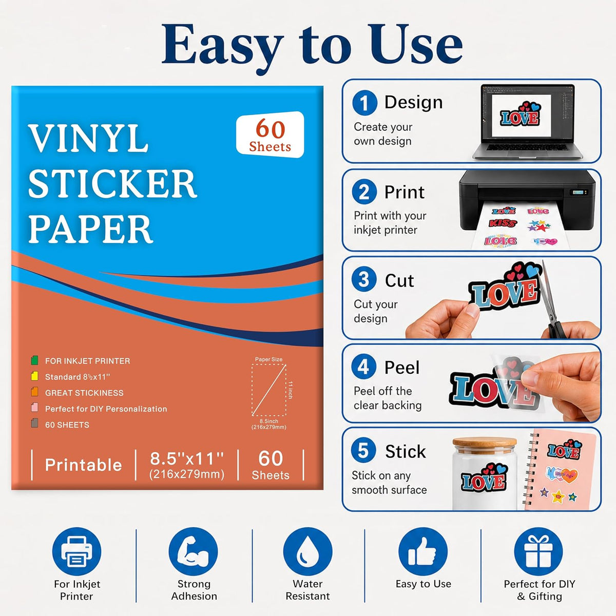 30 Sheets Printable Clear Sticker Paper for Inkjet Printer, Premium Vinyl Transparent Sticker Paper Waterproof, Dries Quickly, Vivid Colors, 8.5x11" Labels Great for Cutting Machines