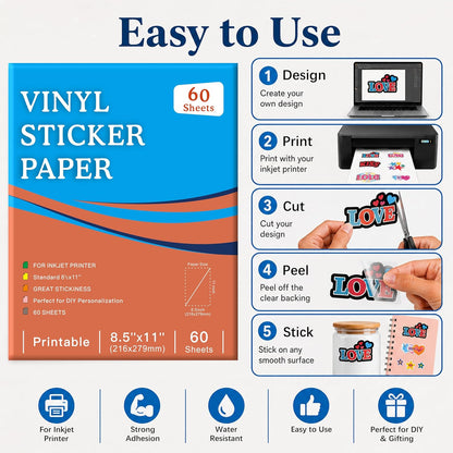 30 Sheets Printable Clear Sticker Paper for Inkjet Printer, Premium Vinyl Transparent Sticker Paper Waterproof, Dries Quickly, Vivid Colors, 8.5x11" Labels Great for Cutting Machines