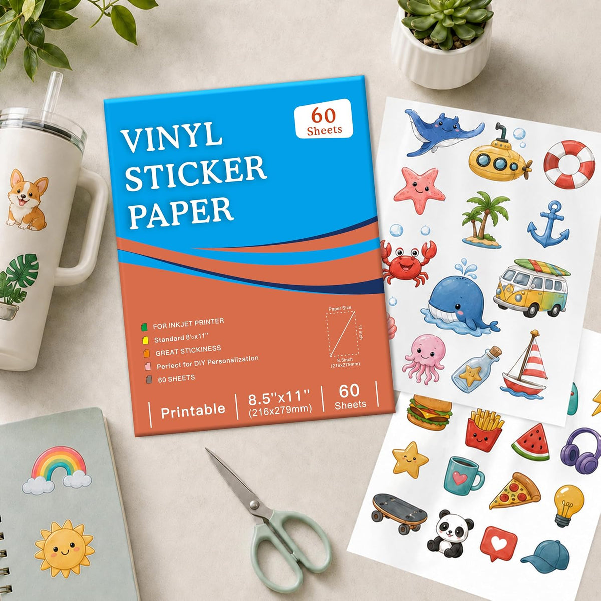 30 Sheets Printable Clear Sticker Paper for Inkjet Printer, Premium Vinyl Transparent Sticker Paper Waterproof, Dries Quickly, Vivid Colors, 8.5x11" Labels Great for Cutting Machines
