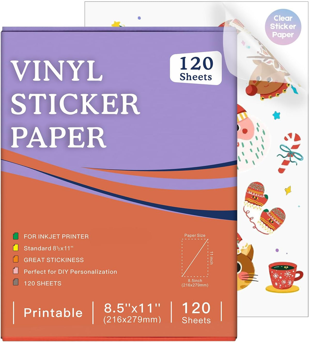 30 Sheets Printable Clear Sticker Paper for Inkjet Printer, Premium Vinyl Transparent Sticker Paper Waterproof, Dries Quickly, Vivid Colors, 8.5x11" Labels Great for Cutting Machines