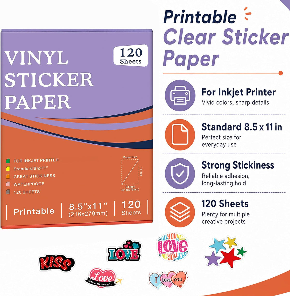 30 Sheets Printable Clear Sticker Paper for Inkjet Printer, Premium Vinyl Transparent Sticker Paper Waterproof, Dries Quickly, Vivid Colors, 8.5x11" Labels Great for Cutting Machines