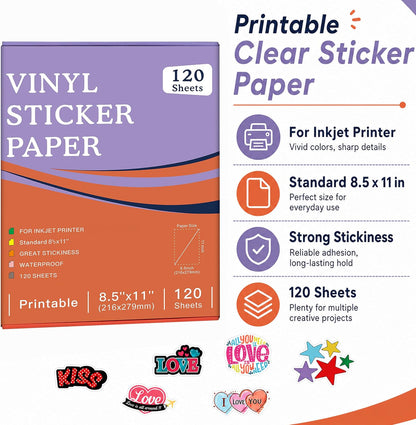 30 Sheets Printable Clear Sticker Paper for Inkjet Printer, Premium Vinyl Transparent Sticker Paper Waterproof, Dries Quickly, Vivid Colors, 8.5x11" Labels Great for Cutting Machines