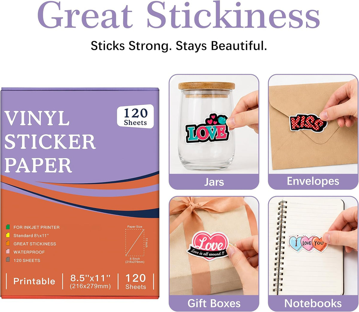 30 Sheets Printable Clear Sticker Paper for Inkjet Printer, Premium Vinyl Transparent Sticker Paper Waterproof, Dries Quickly, Vivid Colors, 8.5x11" Labels Great for Cutting Machines