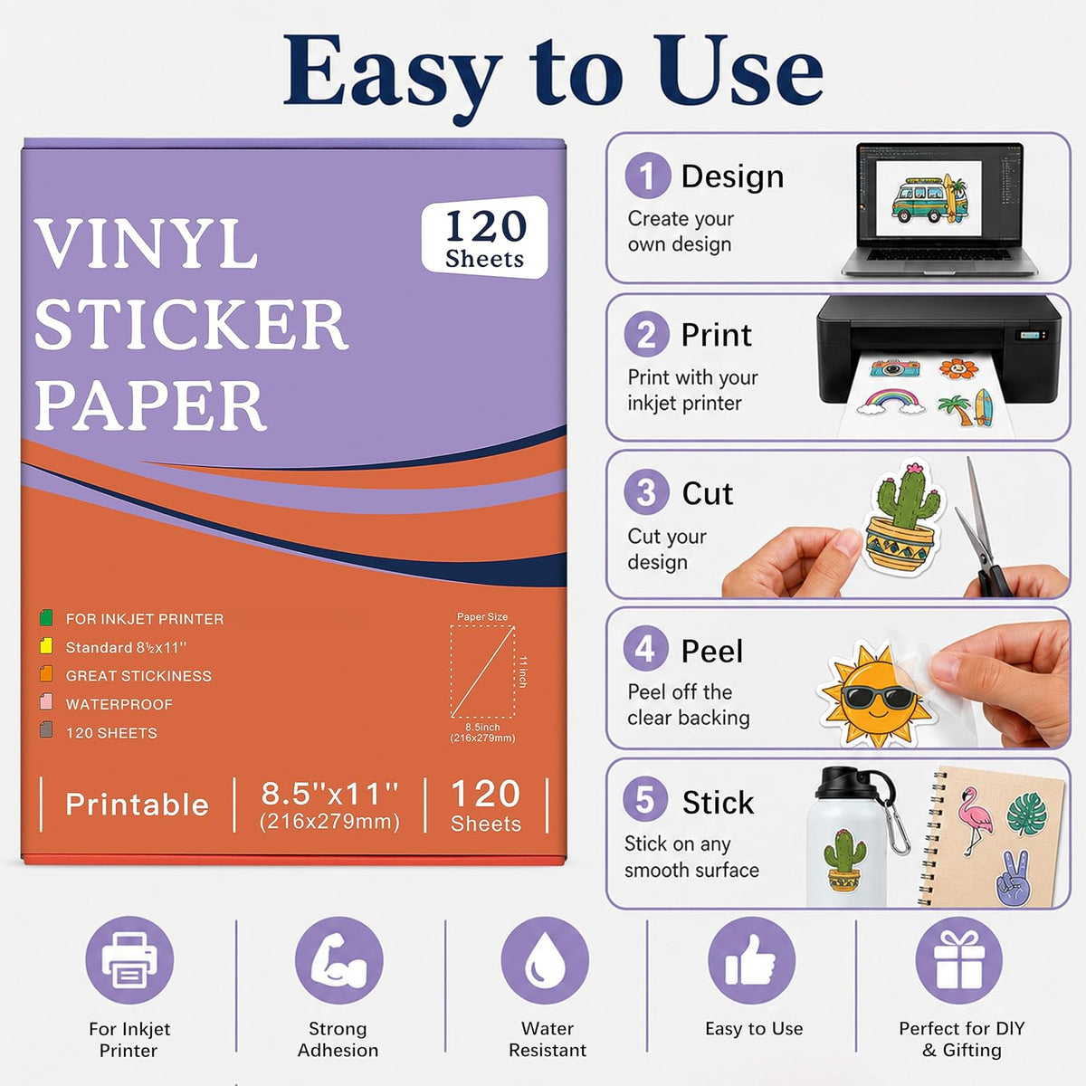 30 Sheets Printable Clear Sticker Paper for Inkjet Printer, Premium Vinyl Transparent Sticker Paper Waterproof, Dries Quickly, Vivid Colors, 8.5x11" Labels Great for Cutting Machines
