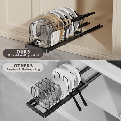Pots and Pans Organizer Under Cabinet, 22" Deep Expandable Pull Out Pot Lid Organizer and Storage with 10 Adjustable Dividers No Drill Pot and Pan Holder Rack with Handle Bracket(Black)