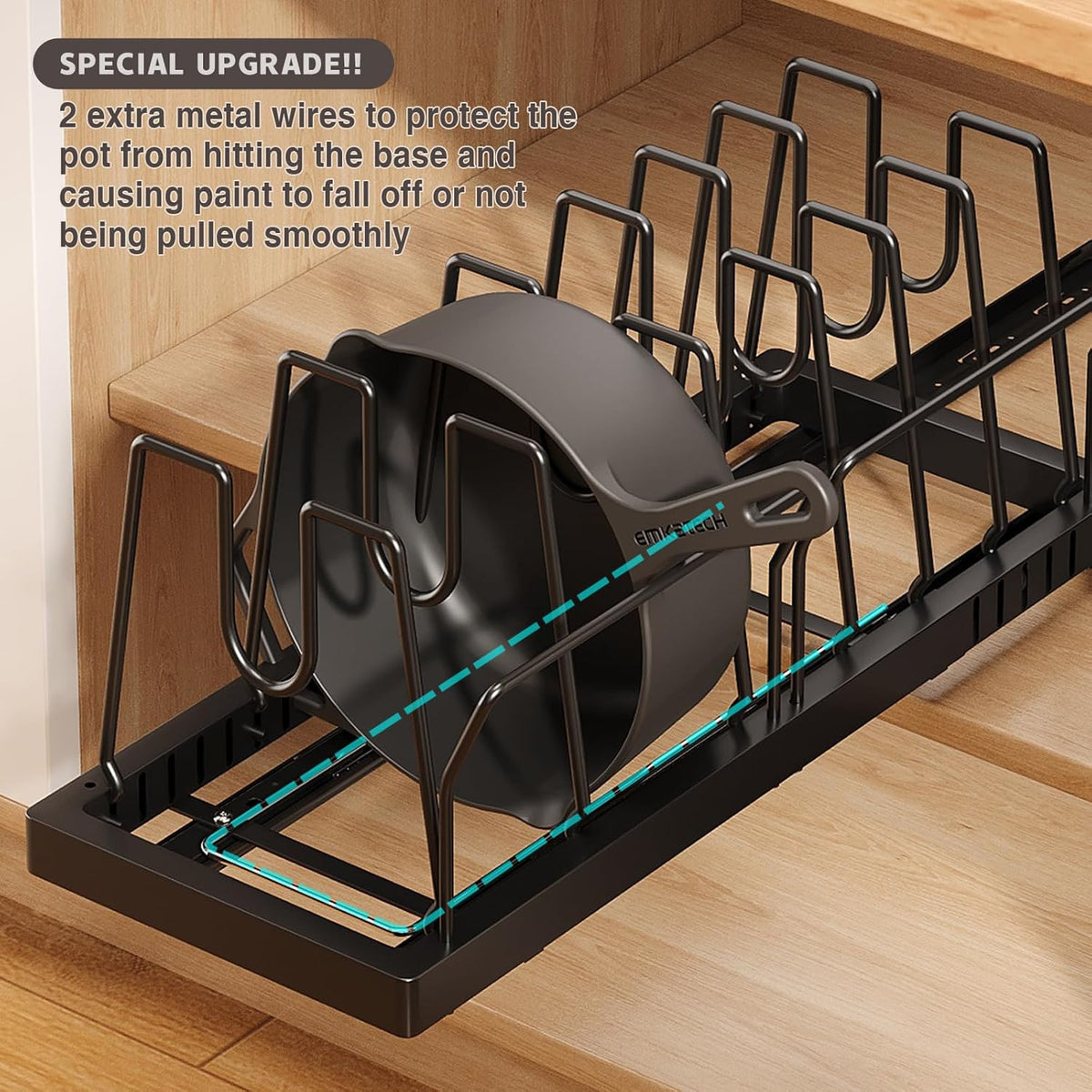 Pots and Pans Organizer Under Cabinet, 22" Deep Expandable Pull Out Pot Lid Organizer and Storage with 10 Adjustable Dividers No Drill Pot and Pan Holder Rack with Handle Bracket(Black)