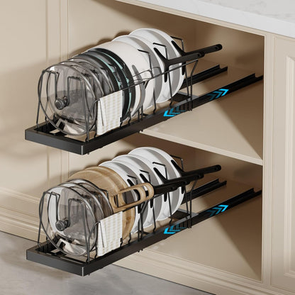 Pots and Pans Organizer Under Cabinet, 22" Deep Expandable Pull Out Pot Lid Organizer and Storage with 10 Adjustable Dividers No Drill Pot and Pan Holder Rack with Handle Bracket(Black)
