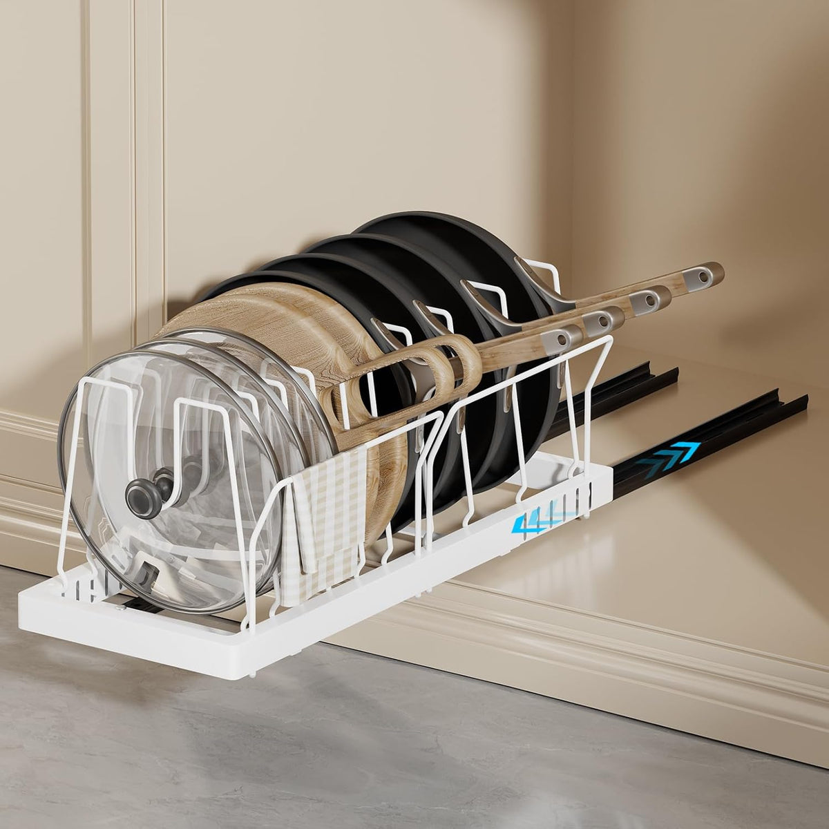 Pots and Pans Organizer Under Cabinet, 22" Deep Expandable Pull Out Pot Lid Organizer and Storage with 10 Adjustable Dividers No Drill Pot and Pan Holder Rack with Handle Bracket(Black)