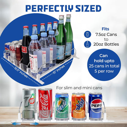 Drink Organizer for Fridge-White Automatic Pusher Glide,12oz 16oz 20oz-Soda Dispenser for Fridge-Holds up to 25 Cans